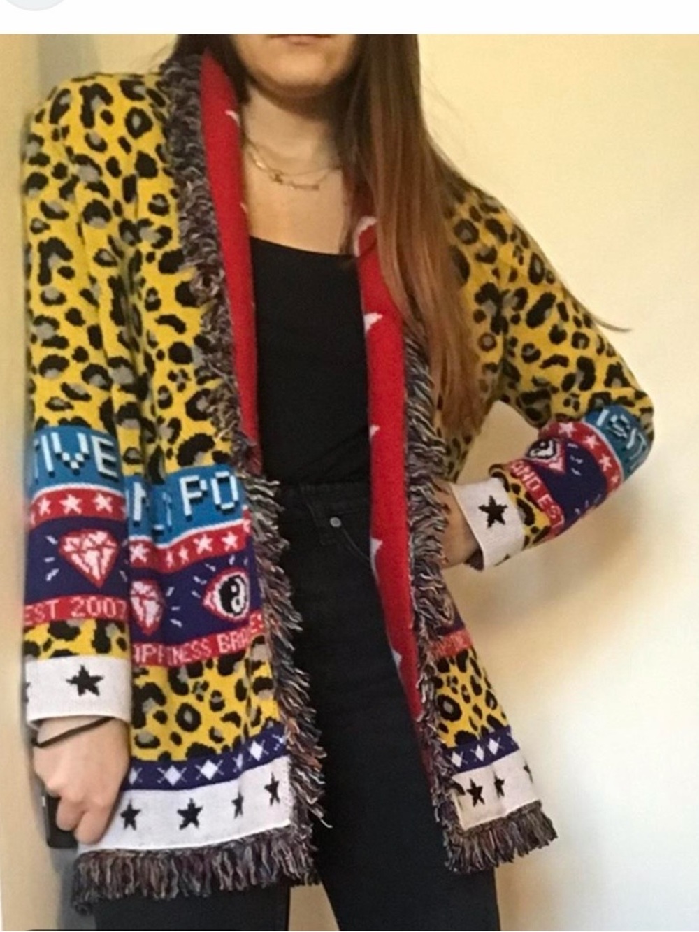 Happiness Brand Atelier Yellow Leopard Print Fringe Knit Cardigan